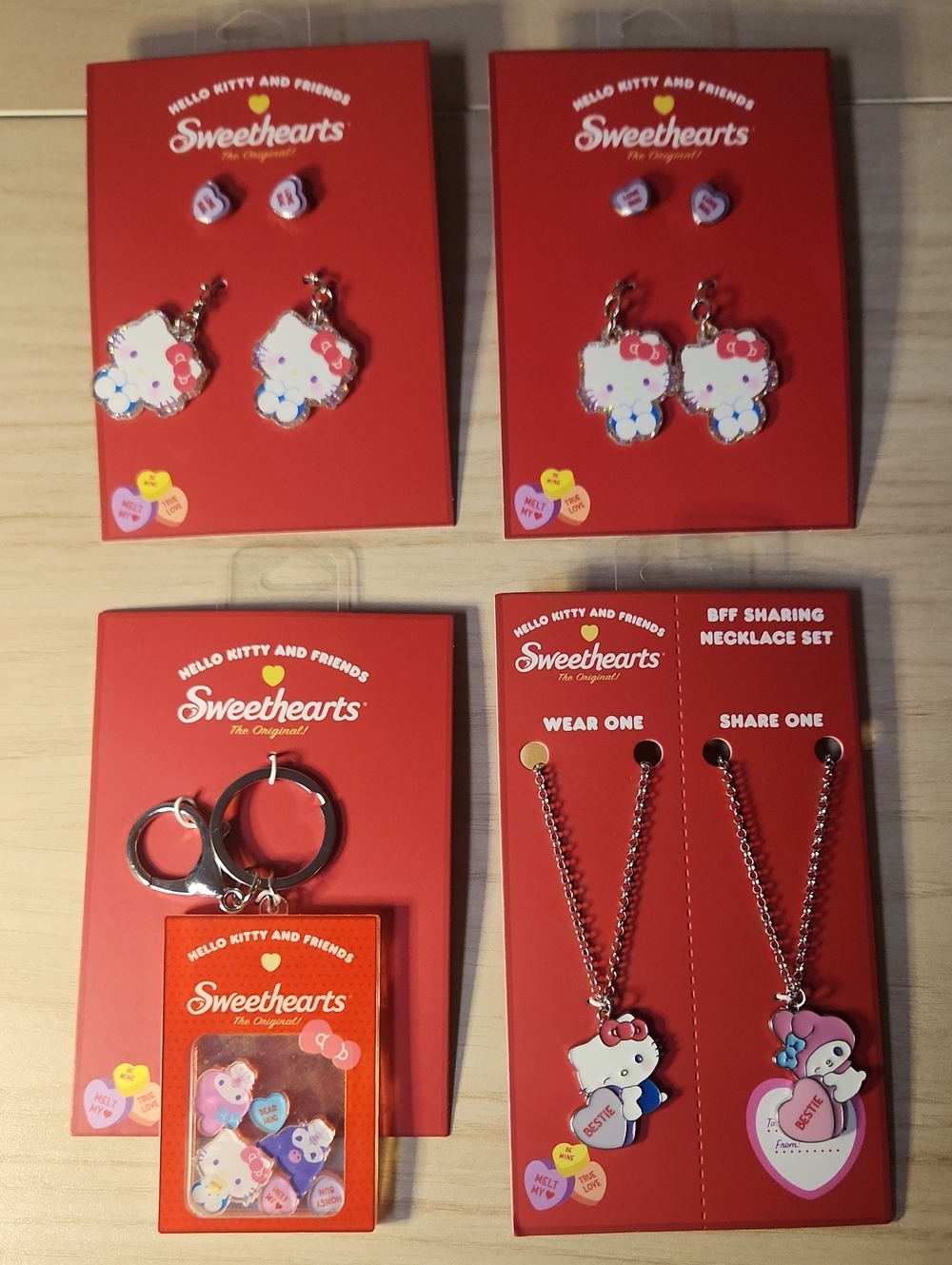 New Hello Kitty Sweethearts Kids Pink BFFCharm Necklaces Earrings & Keychain Set